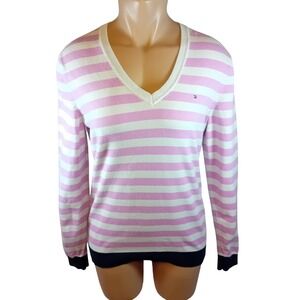 Modern Tommy Hilfiger V-Neck Sweater Womens Striped Pima Cotton Preppy L READ‎
